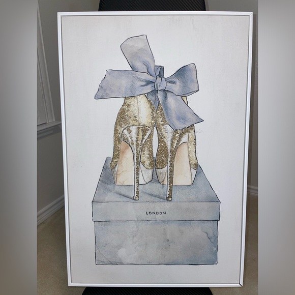 OLIVER GAL Framed Canvas Wall Art Blue Gold London “My Romantic Pair” 16x24
